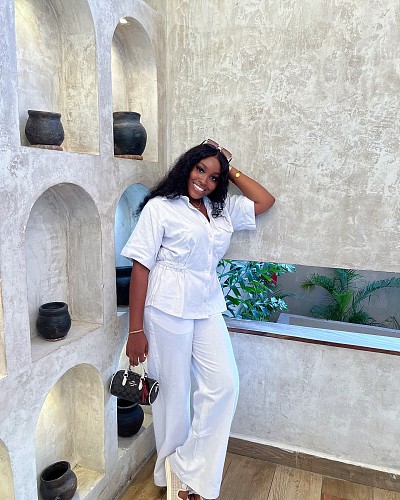 Casual Solid Color Collared Short-Sleeve Cardigan Shirt and Trousers Set QZ-6963
