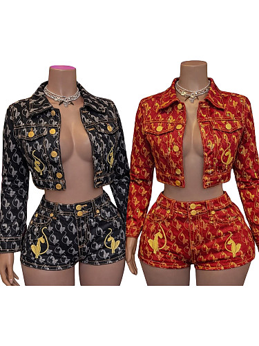 Fashionable Button-Down Print Embroidered Stretch Denim Jacket and Shorts Two-Piece Set RS-88030