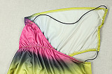 Color-blocked Backless Irregular Asymmetrical Neck Strapless Pleated Bodycon Short Dress JY-303331