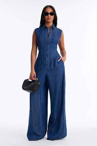 Fashion Solid Color Hollow-out Front Button Denim Jumpsuit CYU-2612