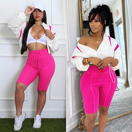 Fashionable Color-Blocked Drawstring Long-Sleeved Jacket and Elastic Shorts Two-Piece Set RS-391452