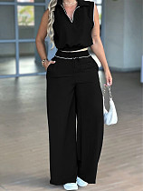 Casual Sleeveless Collared Top and High-Waisted Wide-Leg Pants Two-Piece Set RS-L321