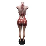 New Halter-Neck Backless Polka Dot Print Tie-Up Jumpsuit Shorts MEM-88689