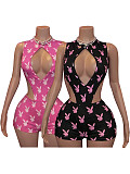Fashionable Print Hollow-Out Tie-Waist Jumpsuit + Slim Fit Bodycon Shorts Two-Piece Set RS-26107