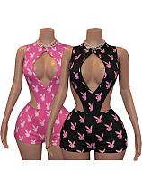Fashionable Print Hollow-Out Tie-Waist Jumpsuit + Slim Fit Bodycon Shorts Two-Piece Set RS-26107