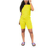 Casual Solid Color Crew Neck Faux Cotton Shorts Two-Piece Set YD-063
