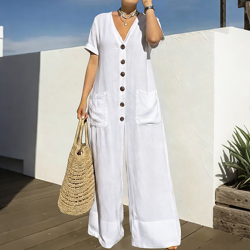 2026 Fashionable Casual Loose V-neck Button Wide-Leg Jumpsuit NNWY-8175