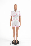 Casual Letter Print Cardigan Hooded Short-Sleeve Shorts Set XRB-10170