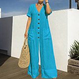2026 Fashionable Casual Loose V-neck Button Wide-Leg Jumpsuit NNWY-8175