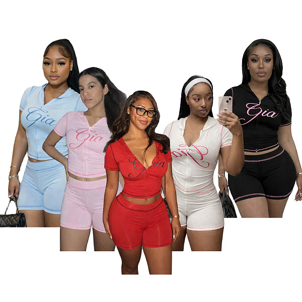 Casual Letter Print Cardigan Hooded Short-Sleeve Shorts Set XRB-10170