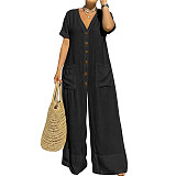 2026 Fashionable Casual Loose V-neck Button Wide-Leg Jumpsuit NNWY-8175