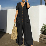 2026 Fashionable Casual Loose V-neck Button Wide-Leg Jumpsuit NNWY-8175