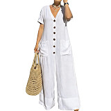2026 Fashionable Casual Loose V-neck Button Wide-Leg Jumpsuit NNWY-8175