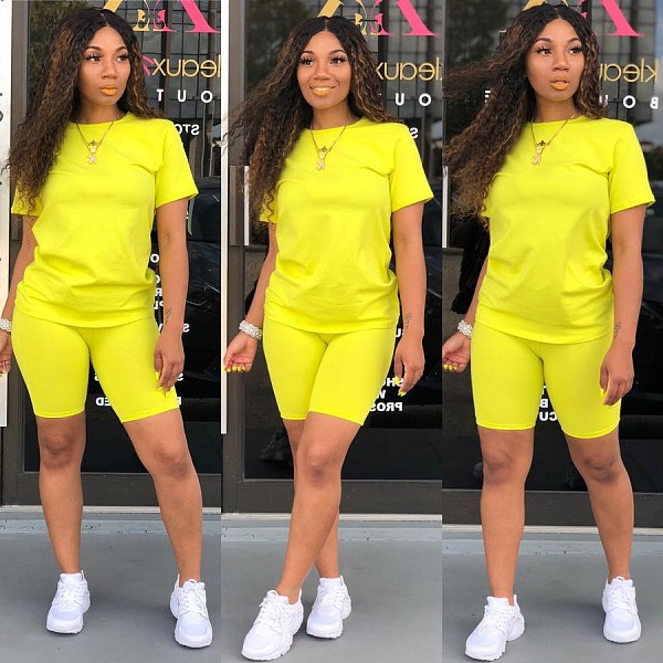 Casual Solid Color Crew Neck Faux Cotton Shorts Two-Piece Set YD-063