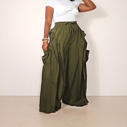 Fashionable Straight-Leg Trousers With Drawstring Ruffles and Lace Trim RS-2720