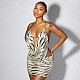Sexy Zebra Print Sequined V-Neck Backless Top and Fitted Skirt Two-Piece Set RS-26ST050