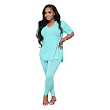 Fashionable Casual Solid Color Slit Pants and Short-Sleeve Two-Piece Set RS-1316