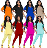 Fashionable Casual Solid Color Slit Pants and Short-Sleeve Two-Piece Set RS-1316