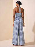Elegant and Work-appropriate Striped Tie-neck Halter Neck Backless Wide-Leg Jumpsuit NY-11282