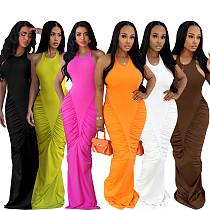 Fashion Solid Color Pleated Halter Neck Backless Waist-cinching Bodycon Long Dress SFY-TW862