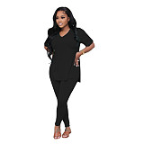 Fashionable Casual Solid Color Slit Pants and Short-Sleeve Two-Piece Set RS-1316