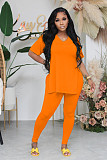 Fashionable Casual Solid Color Slit Pants and Short-Sleeve Two-Piece Set RS-1316