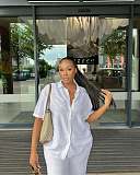 Casual Short-Sleeve Collared Shirt and Simple Wide-Leg Trousers Two-Piece Set QZ-5363