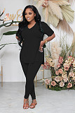 Fashionable Casual Solid Color Slit Pants and Short-Sleeve Two-Piece Set RS-1316
