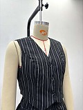 Fashionable V-neck Striped Button-up Vest Top and Suit Pants Set QZ-7178