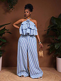 Elegant and Work-appropriate Striped Tie-neck Halter Neck Backless Wide-Leg Jumpsuit NY-11282