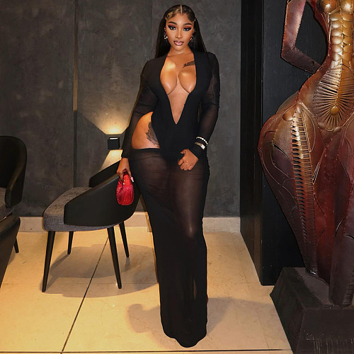 Sexy Deep V-neck Solid Color Mesh Slightly Sheer Long-sleeved Bodycon Dress JY-305158