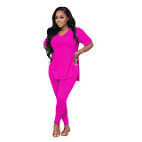 Fashionable Casual Solid Color Slit Pants and Short-Sleeve Two-Piece Set RS-1316