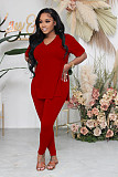 Fashionable Casual Solid Color Slit Pants and Short-Sleeve Two-Piece Set RS-1316