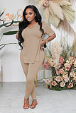 Fashionable Casual Solid Color Slit Pants and Short-Sleeve Two-Piece Set RS-1316