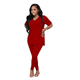 Fashionable Casual Solid Color Slit Pants and Short-Sleeve Two-Piece Set RS-1316