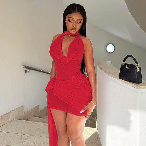 Sexy Solid Color Lace-up Halter Neck Pleated Bodycon Mini Dress JY-305039