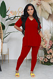 Fashionable Casual Solid Color Slit Pants and Short-Sleeve Two-Piece Set RS-1316