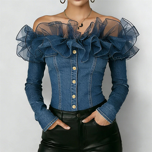 Sexy Off-Shoulder Ruffled Mesh Patchwork Blue Denim Top RS-YMT512