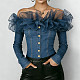 Sexy Off-Shoulder Ruffled Mesh Patchwork Blue Denim Top RS-YMT512
