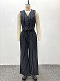 Fashionable V-neck Striped Button-up Vest Top and Suit Pants Set QZ-7178