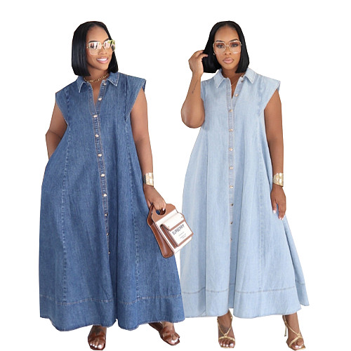 Summer Slimming Retro Collared Pocket Wide-hem Button Denim Long Dress PMR-TW875