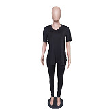 Fashionable Casual Solid Color Slit Pants and Short-Sleeve Two-Piece Set RS-1316
