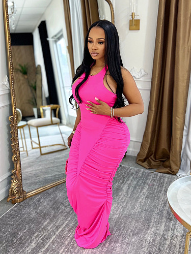 Fashion Solid Color Pleated Halter Neck Backless Waist-cinching Bodycon Long Dress SFY-TW862