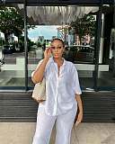 Casual Short-Sleeve Collared Shirt and Simple Wide-Leg Trousers Two-Piece Set QZ-5363