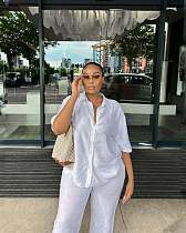 Casual Short-Sleeve Collared Shirt and Simple Wide-Leg Trousers Two-Piece Set QZ-5363 Casual Short-Sleeve Collared Shirt and Simple Wide-Leg Trousers Two-Piece Set QZ-5363