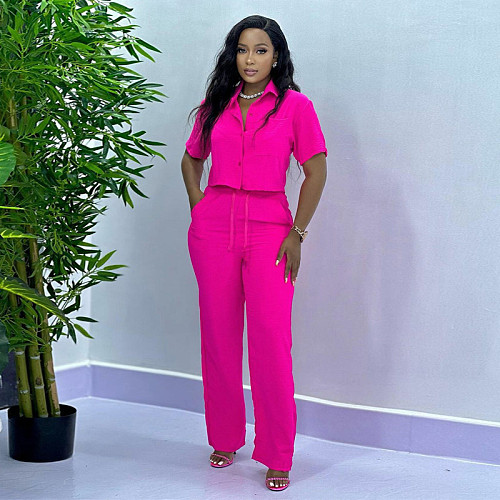 Solid Color Casual Short-Sleeve Shirt and Pants Two-Piece Set QZ-SH775