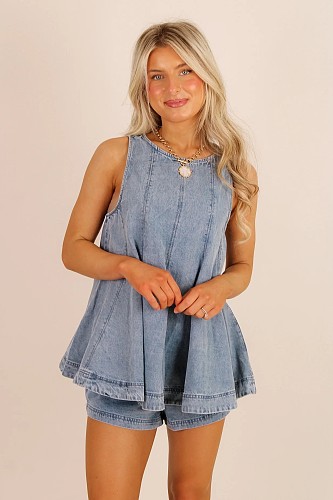 Fashionable Sleeveless Top and High-Waisted Loose Denim Shorts Set RS-YMT517