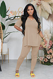 Fashionable Casual Solid Color Slit Pants and Short-Sleeve Two-Piece Set RS-1316