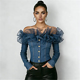 Sexy Off-Shoulder Ruffled Mesh Patchwork Blue Denim Top RS-YMT512
