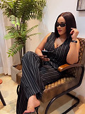 Fashionable V-neck Striped Button-up Vest Top and Suit Pants Set QZ-7178